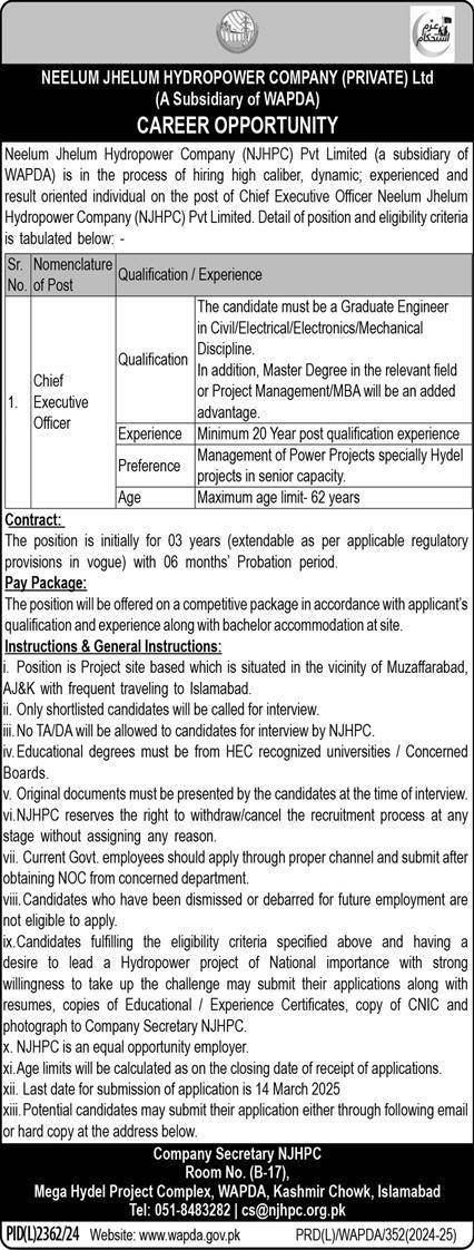 WATER & POWER DEVELOPMENT AUTHORITY | CEO NEELUM JHELUM HYDROPOWER COMPANY WAPDA POSITION 02-2025