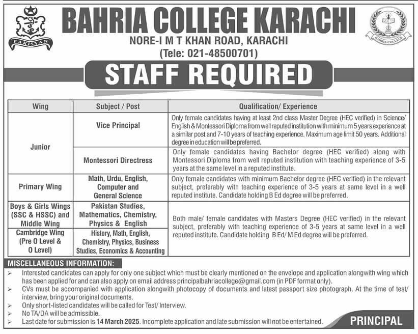 BAHRIA COLLEGE KARACHI NORE-I, KARACHI | VICE-PRINCIPAL, DIRECTRESS & TEACHING VACANCIES 02-2025
