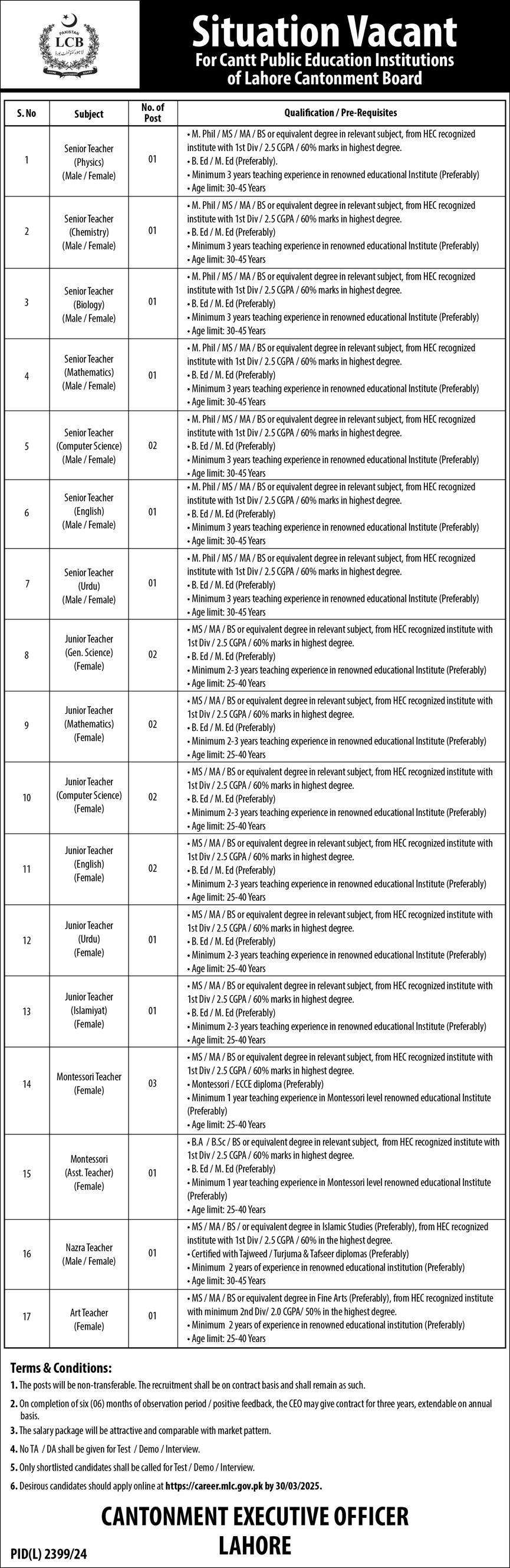 LAHORE CANTONMENT BOARD | CANTT PUBLIC EDUCATION INSTITUTIONS TEACHING STAFF REQUIRED 02-2025