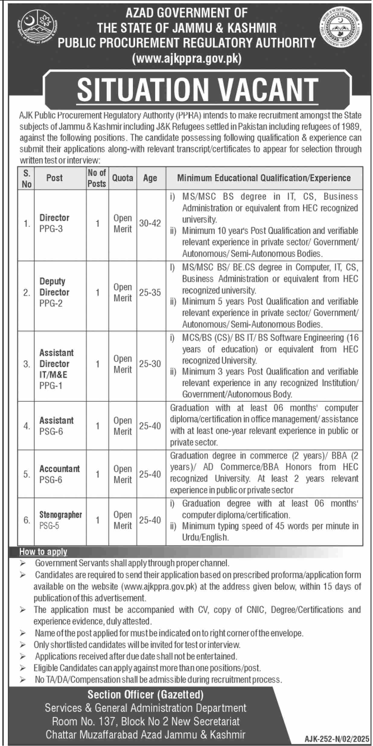 PUBLIC PROCUREMENT & REGULATORY AUTHORITY | DIRECTORS & STAFF AJK PPRA POSITIONS 02-2025