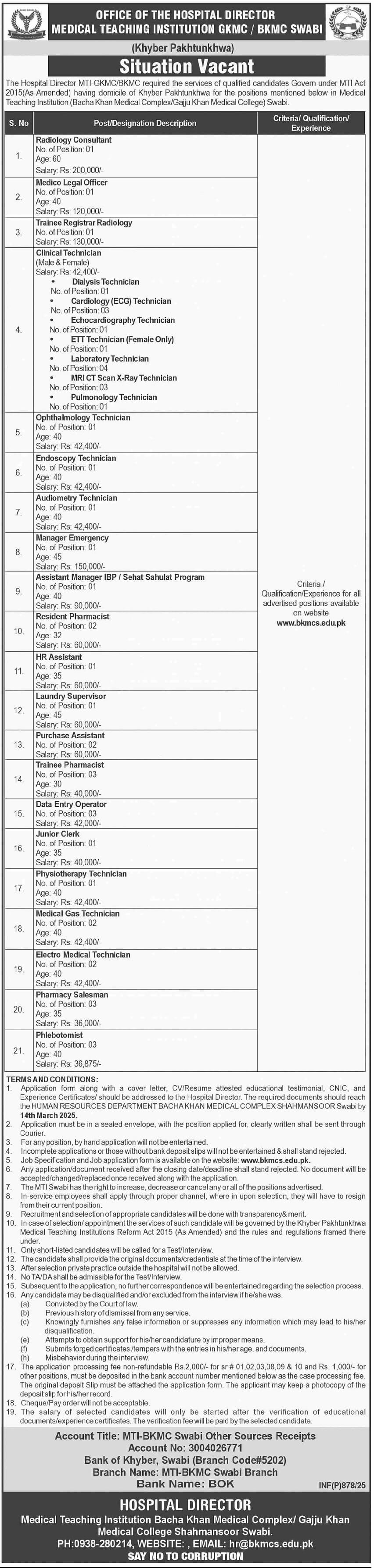 BACHA KHAN MEDICAL COMPLEX & GAJJU KHAN MEDICAL COLLEGE | CLINICAL & STAFF MTI-GKMC/BKMC SWABI VACANCIES 03-2025