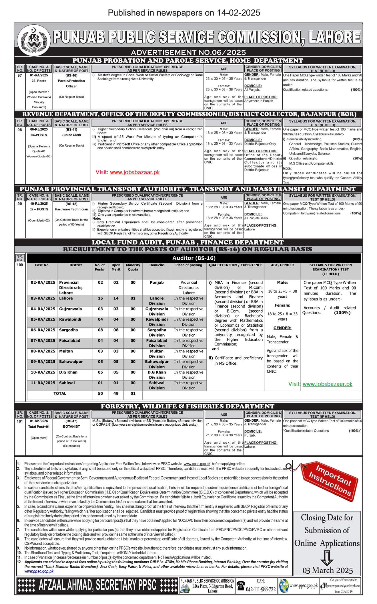PUNJAB PUBLIC SERVICE COMMISSION LAHORE | PPSC ADVERTISEMENT NO. 06/2025