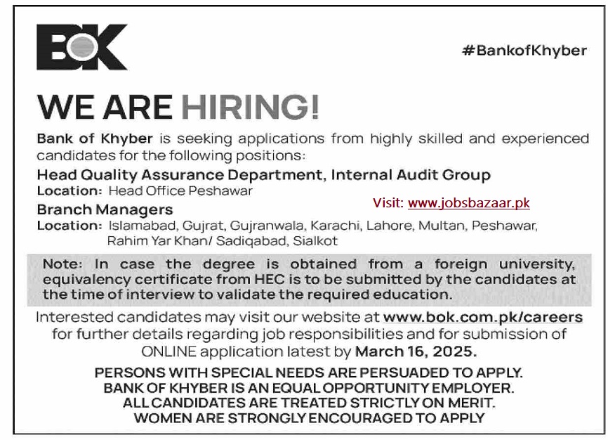 THE BANK OF KHYBER, HEAD QUALITY ASSURANCE DEPTT & BRANCH MANAGERS BOK POSITIONS VACANT 03-2025