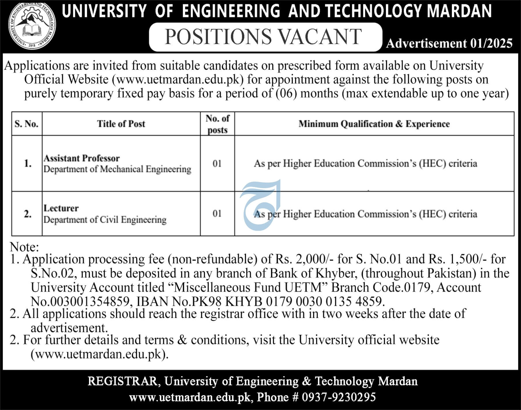 UNIVERSITY OF ENGINEERING & TECHNOLOGY MARDAN | FACULTY POSITIONS ADVERTISEMENT NO 01/2025