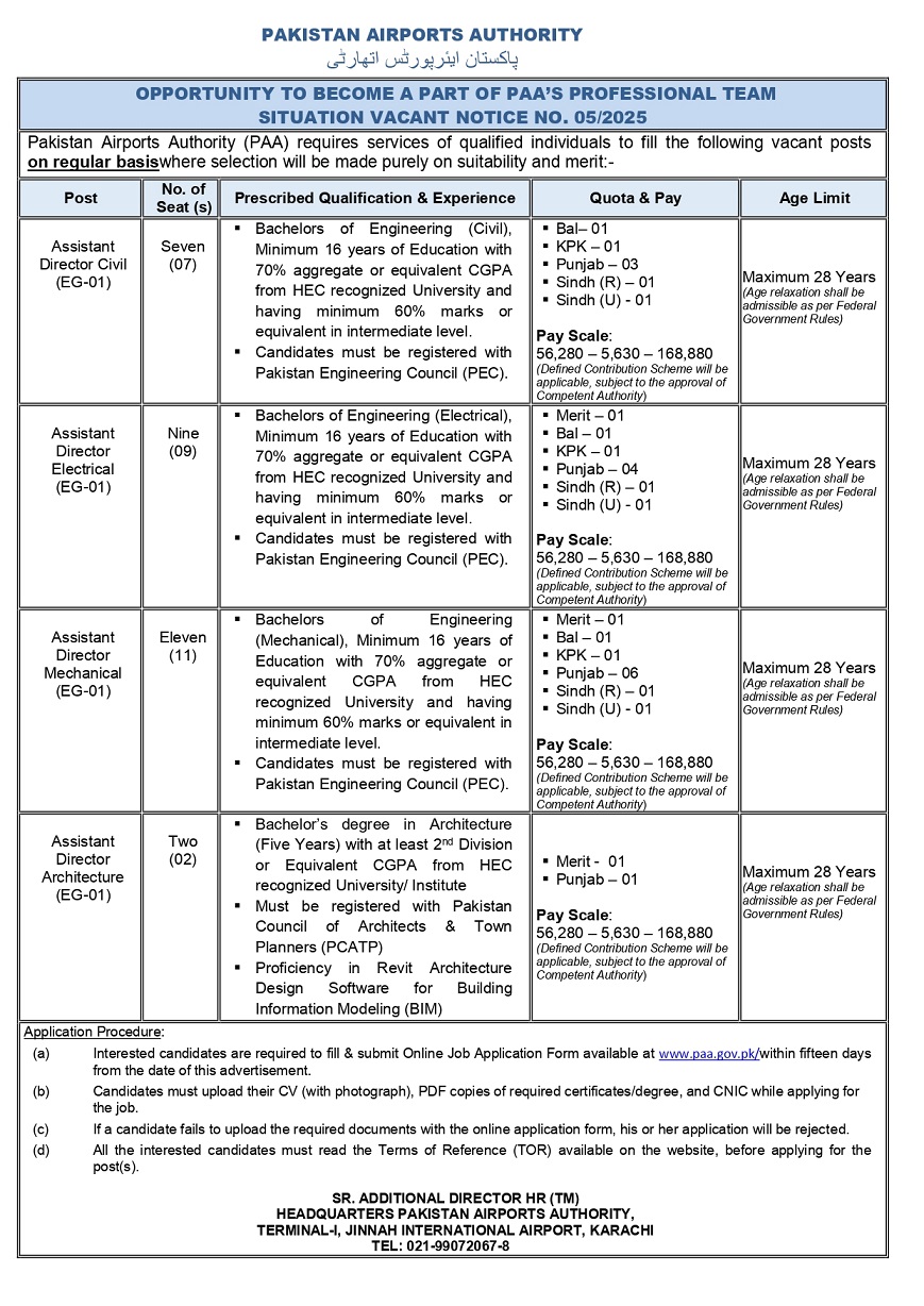 PAKISTAN AIRPORTS AUTHORITY | ASSISTANT DIRECTORS POSITIONS, PAA NOTICE NO. 05/2025