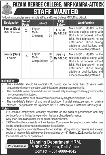 FAZAIA DEGREE COLLEGE, MRF KAMRA-ATTOCK | TEACHING STAFF REQUIRED 03-2025