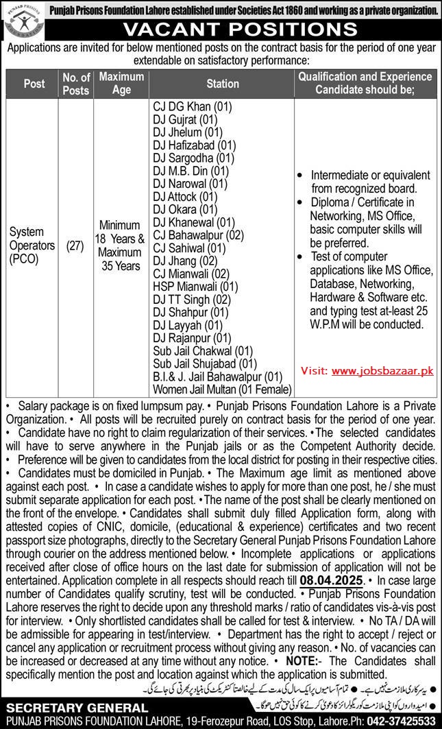 PUNJAB PRISONS DEPARTMENT | PUNJAB PRISONS FOUNDATION, SYSTEM OPERATORS VACANCIES 03-2025