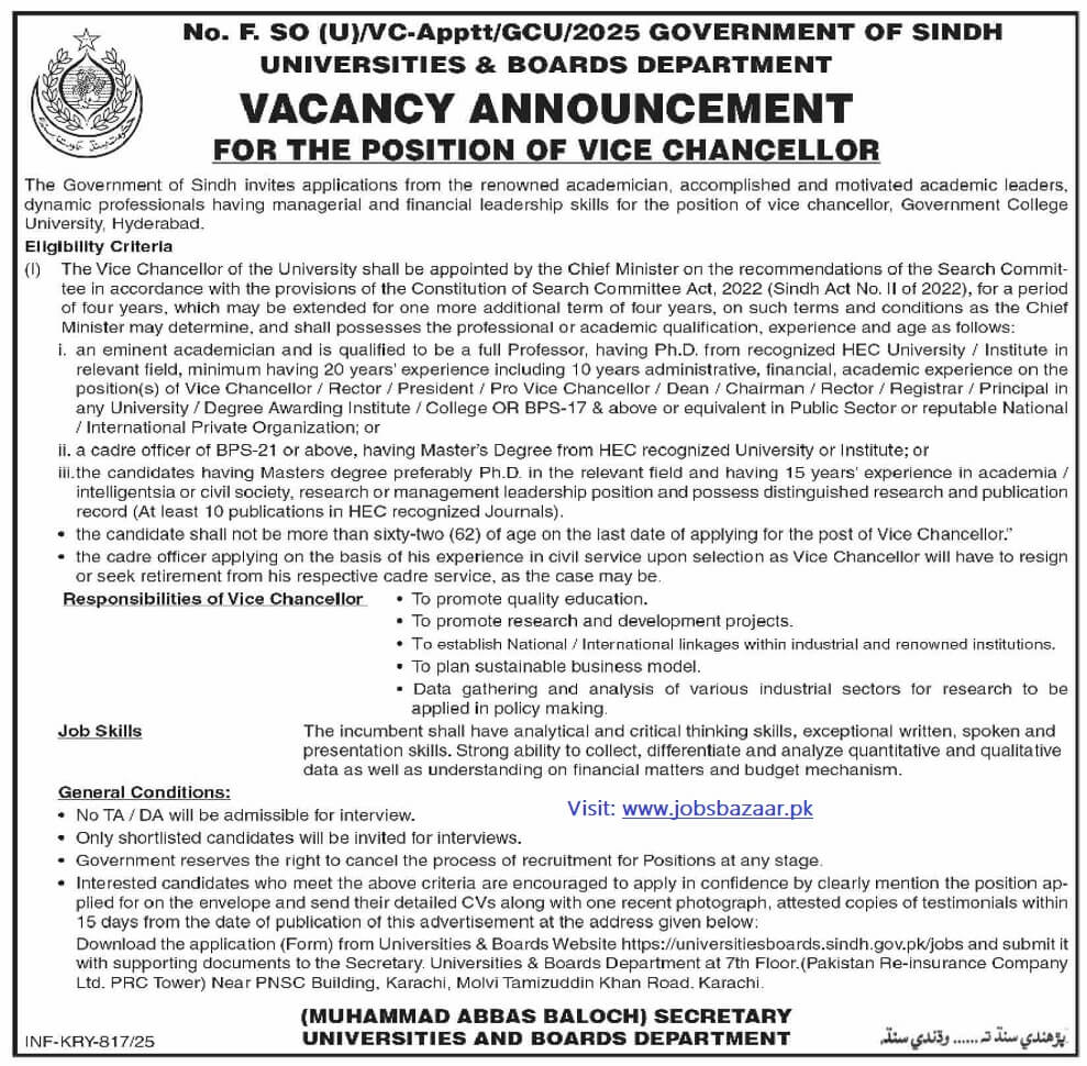 POSITION OF VICE-CHANCELLOR GOVT COLLEGE UNIVERSITY, HYDERABAD 03-2025
