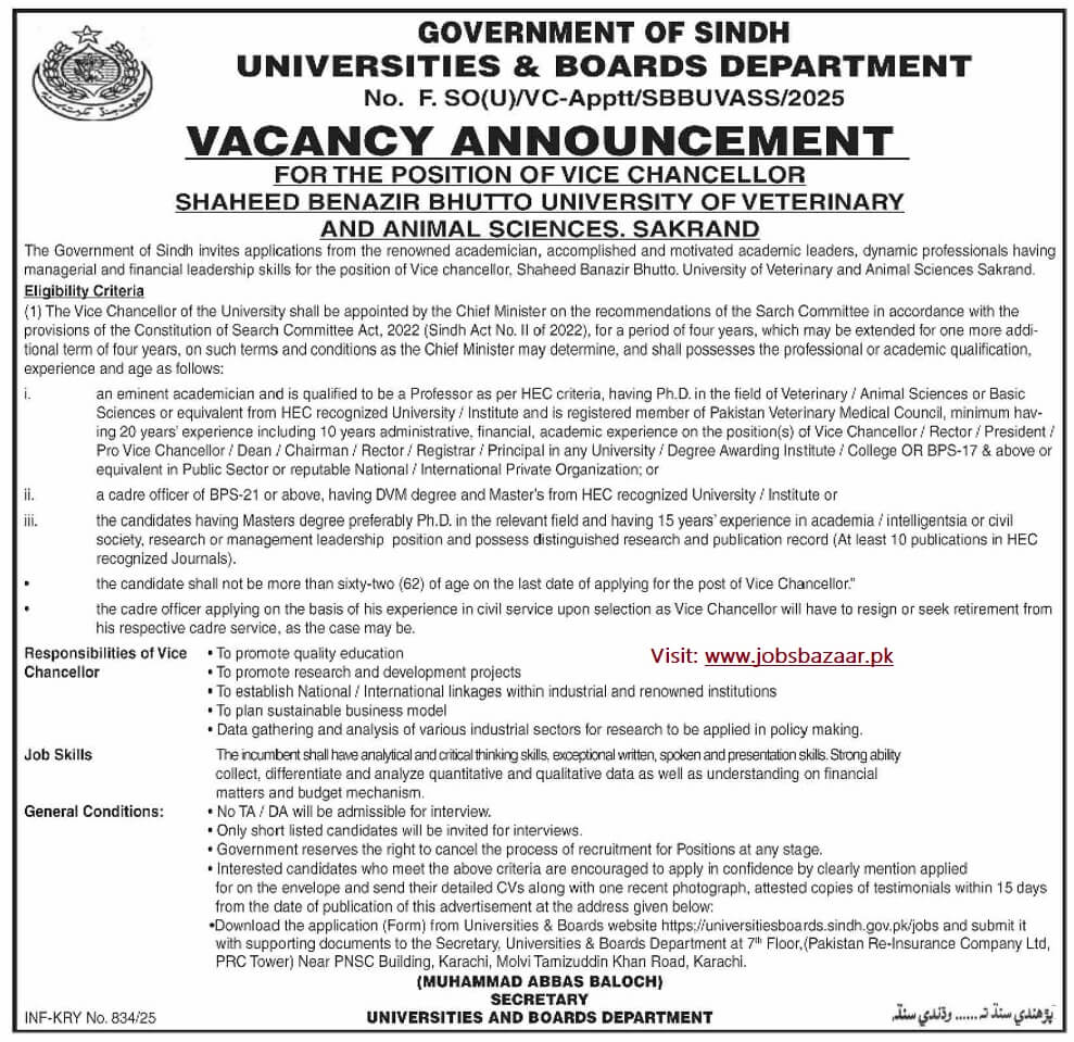 POSITION OF VICE-CHANCELLOR SHAHEED BENAZIR BHUTTO UNIVERSITY OF VETERINARY & ANIMAL SCIENCES 03-2025
