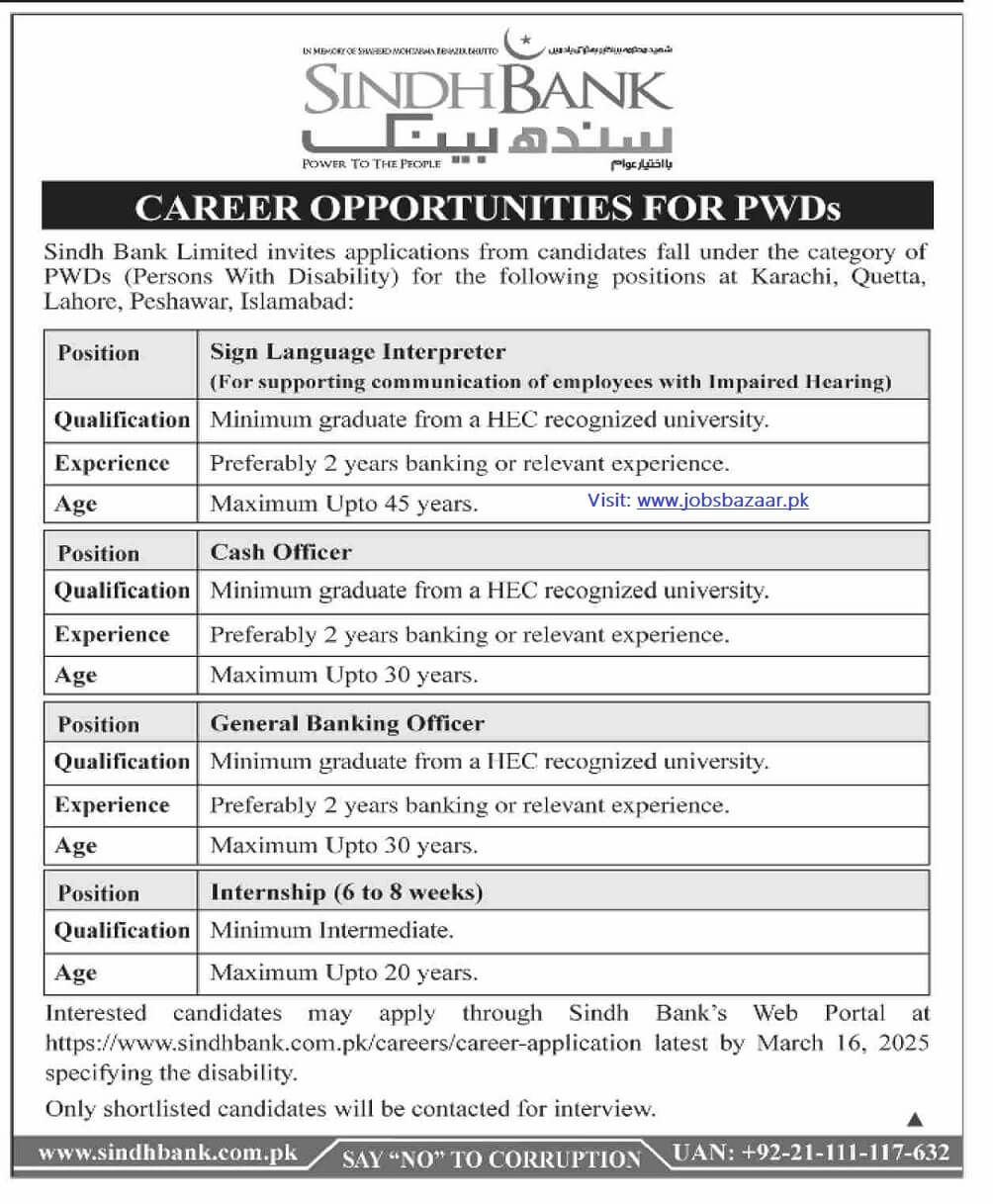 SINDH BANK LIMITED, BANKING OFFICERS & INTERNSHIP VACANCIES 03-2025