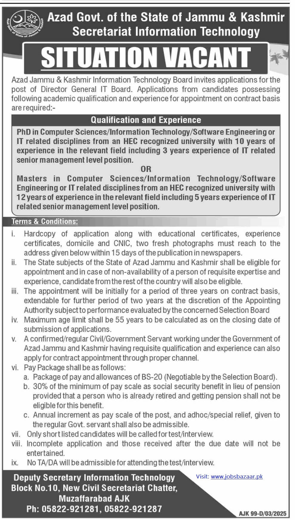 DG IT BOARD  POSITION, IT SECRETARIAT AZAD JAMMU & KASHMIR 03-2025