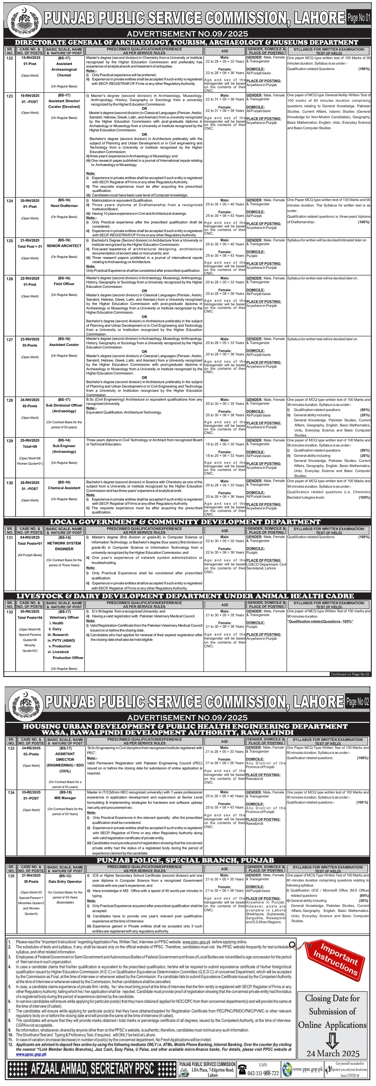PUNJAB PUBLIC SERVICE COMMISSION LAHORE | PPSC ADVERTISEMENT NO. 09/2025