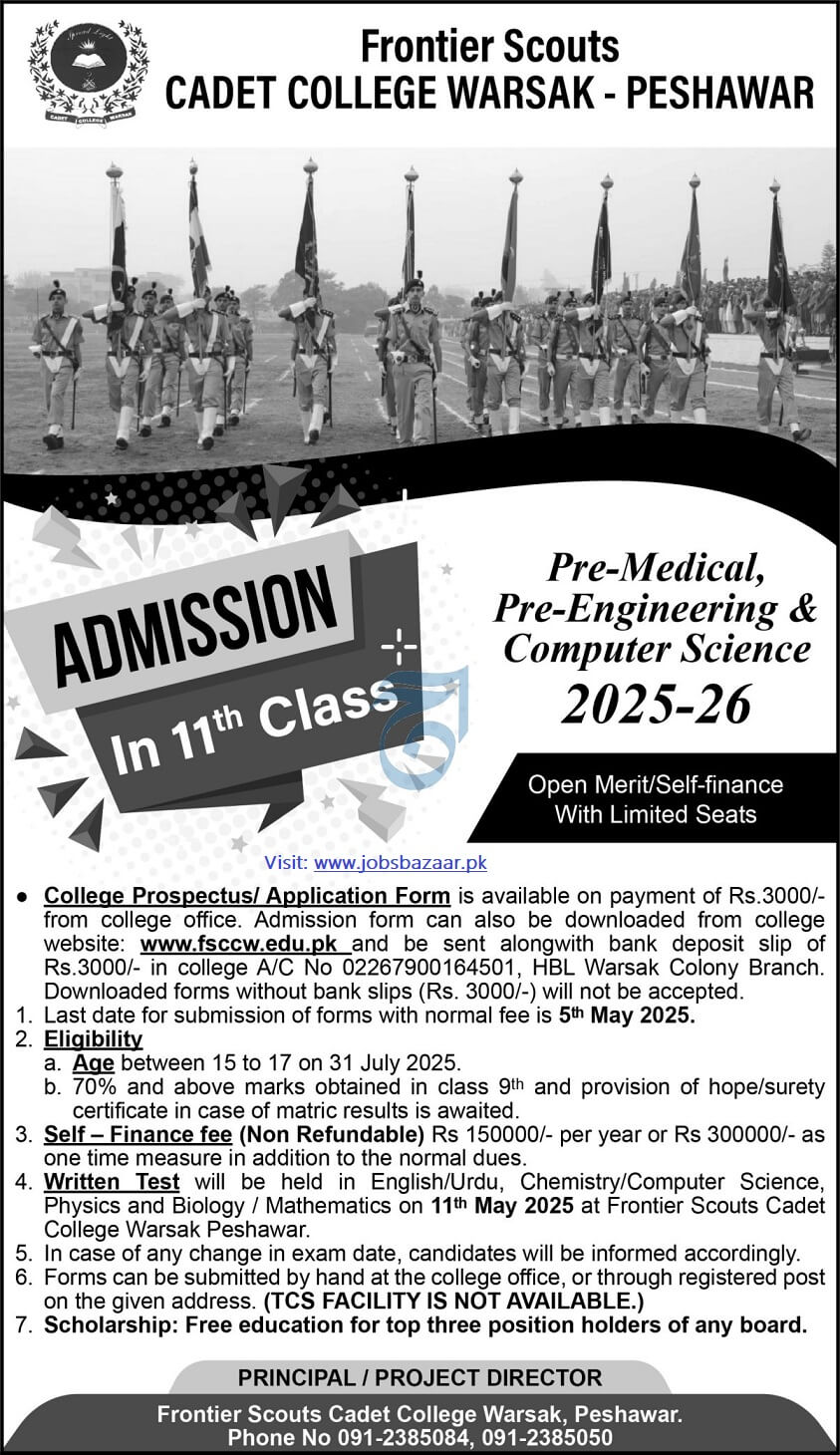FRONTIER SCOUTS CADET COLLEGE WARSAK, PESHAWAR | ADMISSION IN CLASS 11TH SESSION 2025-26