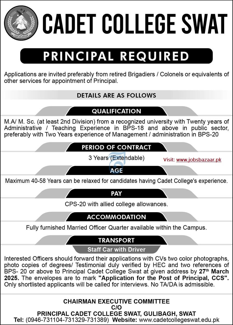 PRINCIPAL REQUIRED AT CADET COLLEGE SWAT 2025