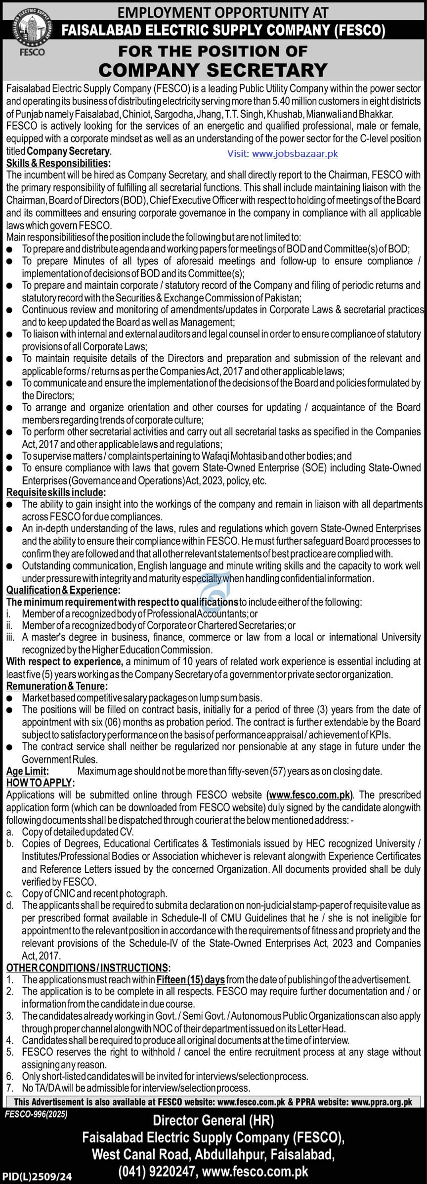FAISALABAD ELECTRIC SUPPLY COMPANY LIMITED | COMPANY SECRETARY APPOINTMENT AT FESCO 03-2025