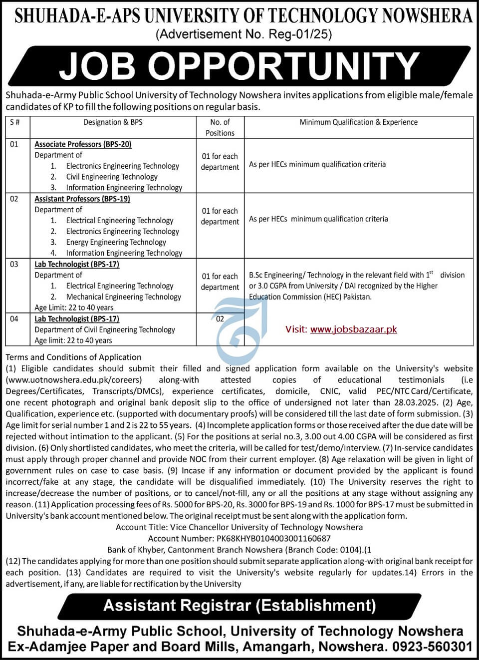 SHUHADA-E-APS UNIVERSITY OF TECHNOLOGY, NOWSHERA | ASST PROFESSORS & LAB TECHNOLOGISTS VACANCIES REG-01/2025