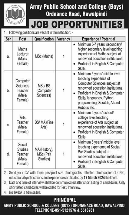 ARMY PUBLIC SCHOOL & COLLEGE ORDNANCE ROAD | APS RAWALPINDI LECTURER & TEACHERS REQUIRED 03-2025