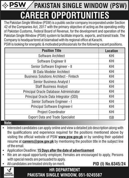PAKISTAN CUSTOMS, FEDERAL BOARD OF REVENUE | PAKISTAN SINGLE WINDOW (PSW) VACANCIES 03-2025