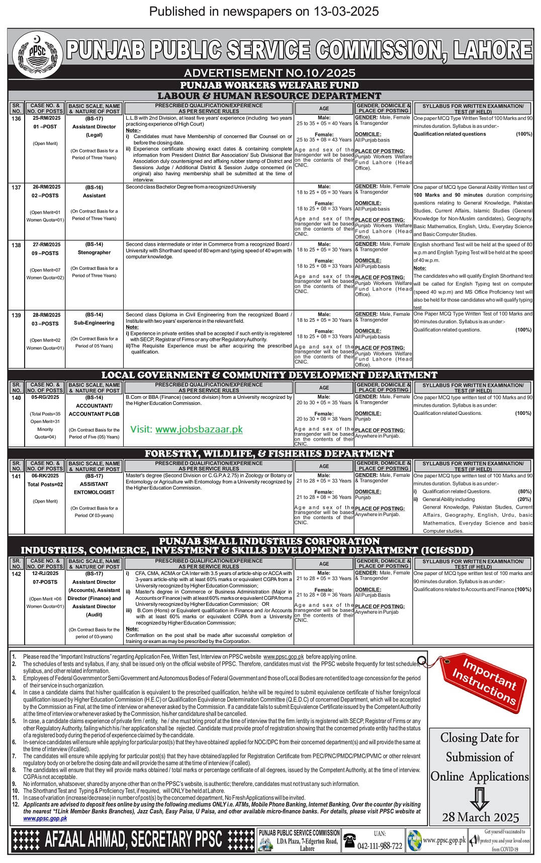 PUNJAB PUBLIC SERVICE COMMISSION LAHORE | PPSC ADVERTISEMENT NO. 10/2025