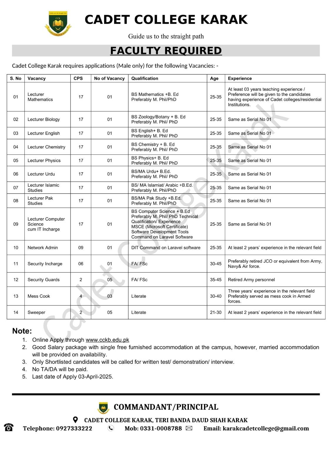 CADET COLLEGE KARAK, MALE LECTURERS & STAFF VACANCIES 2ND PHASE 03-2025