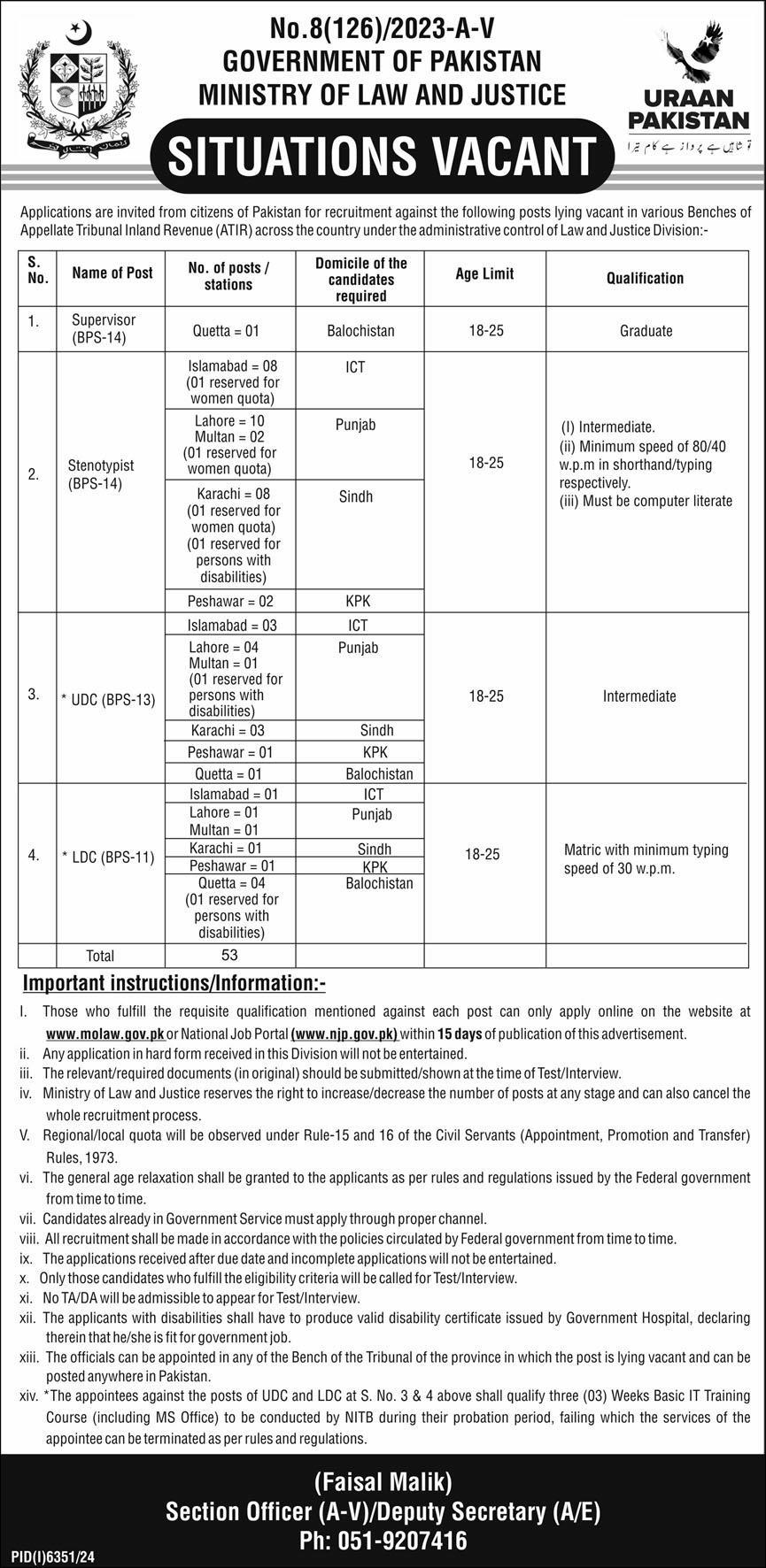 MINISTRY OF LAW & JUSTICE, ISLAMABAD | APPELLATE TRIBUNAL INLAND REVENUE ATIR BENCHES VACANCIES 03-2025