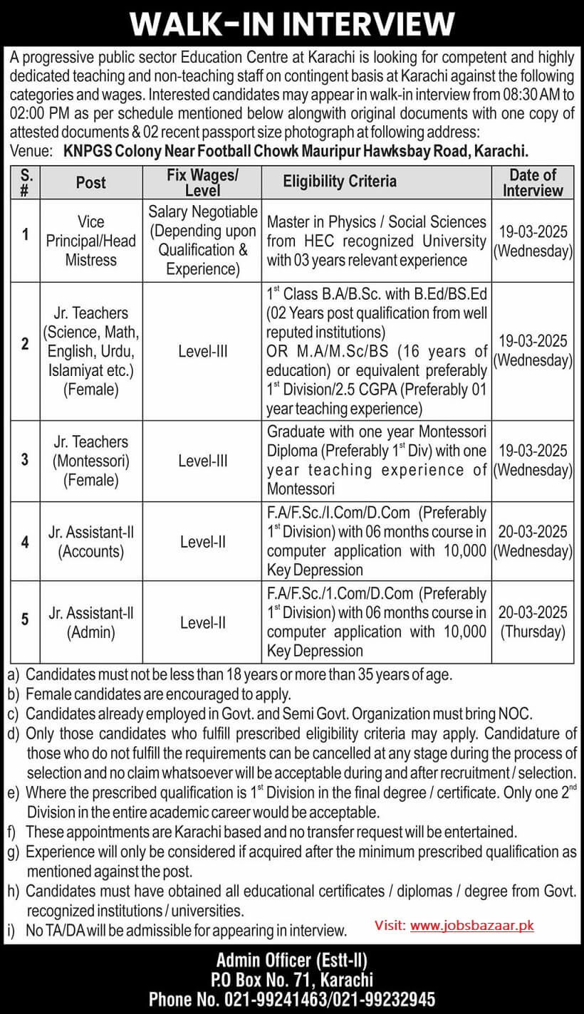 KARACHI NUCLEAR POWER COMPLEX, PRINCIPAL & TEACHER VACANCIES AT PO BOX 71 KARACHI 03-2025