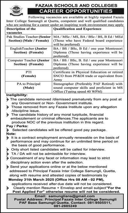 FAZAIA INTER COLLEGE SAMUNGLI QUETTA, TEACHERS & PA REQUIRED 03-2025
