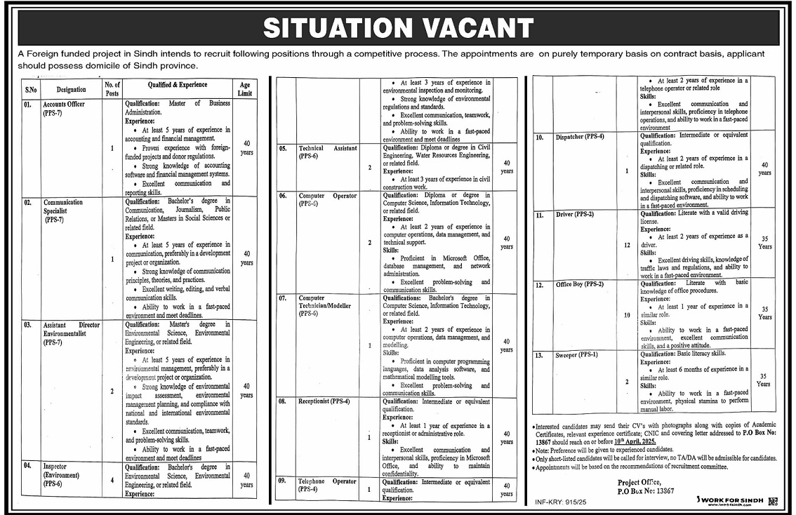 FOREIGN FUNDED PROJECT SINDH VACANCIES AT PO-BOX 13867 KARACHI 03-2025