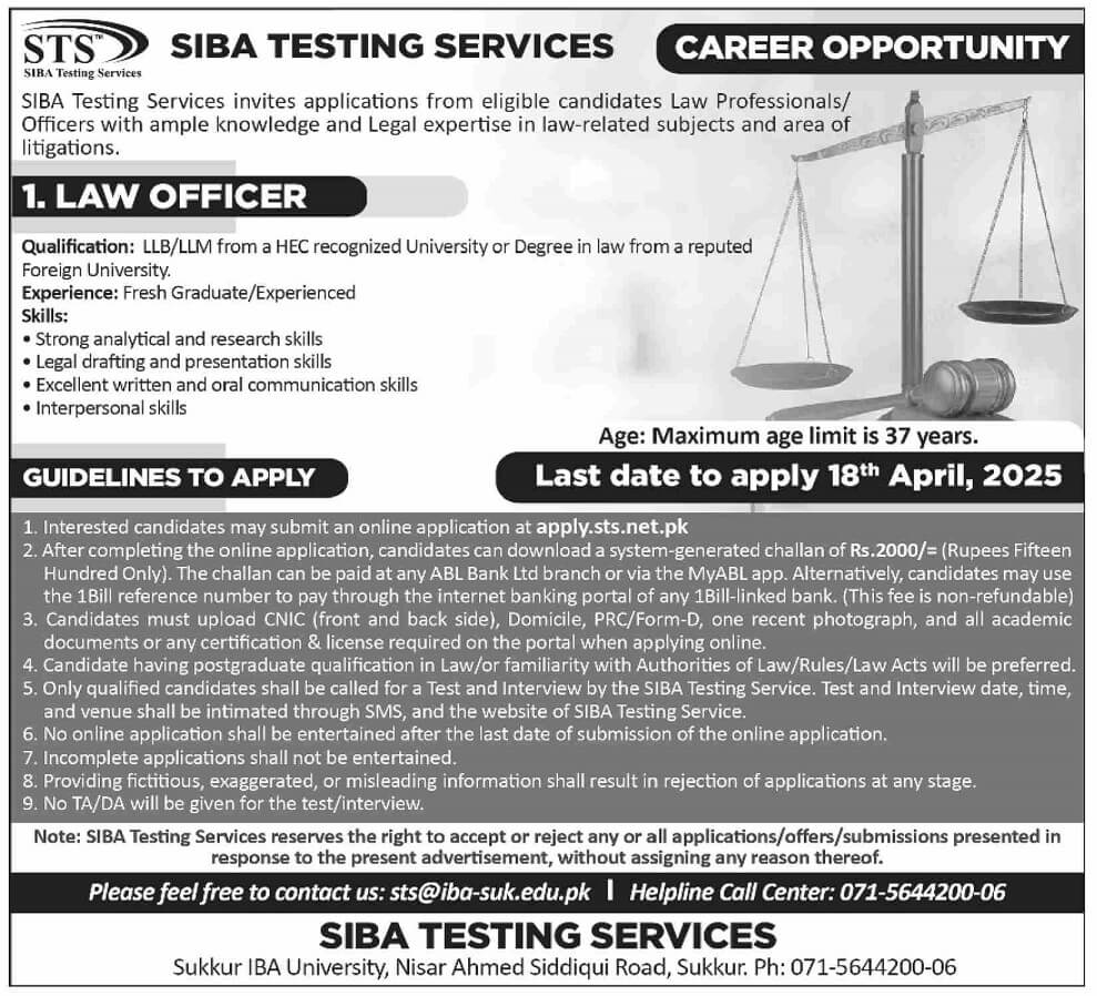 LAW OFFICER POSITION VACANT AT SIBA TESTING SERVICES, SUKKUR IBA UNIVERSITY 03-2025