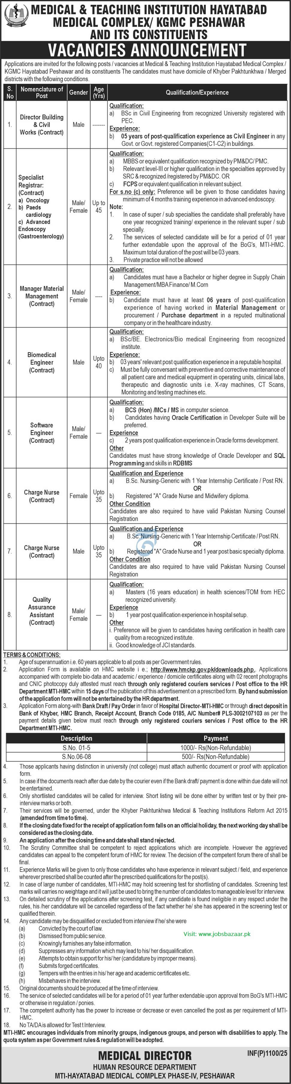 HAYATABAD MEDICAL COMPLEX, PESHAWAR | MTI HMC/KGMC-PESHAWAR VACANCIES 03-2025