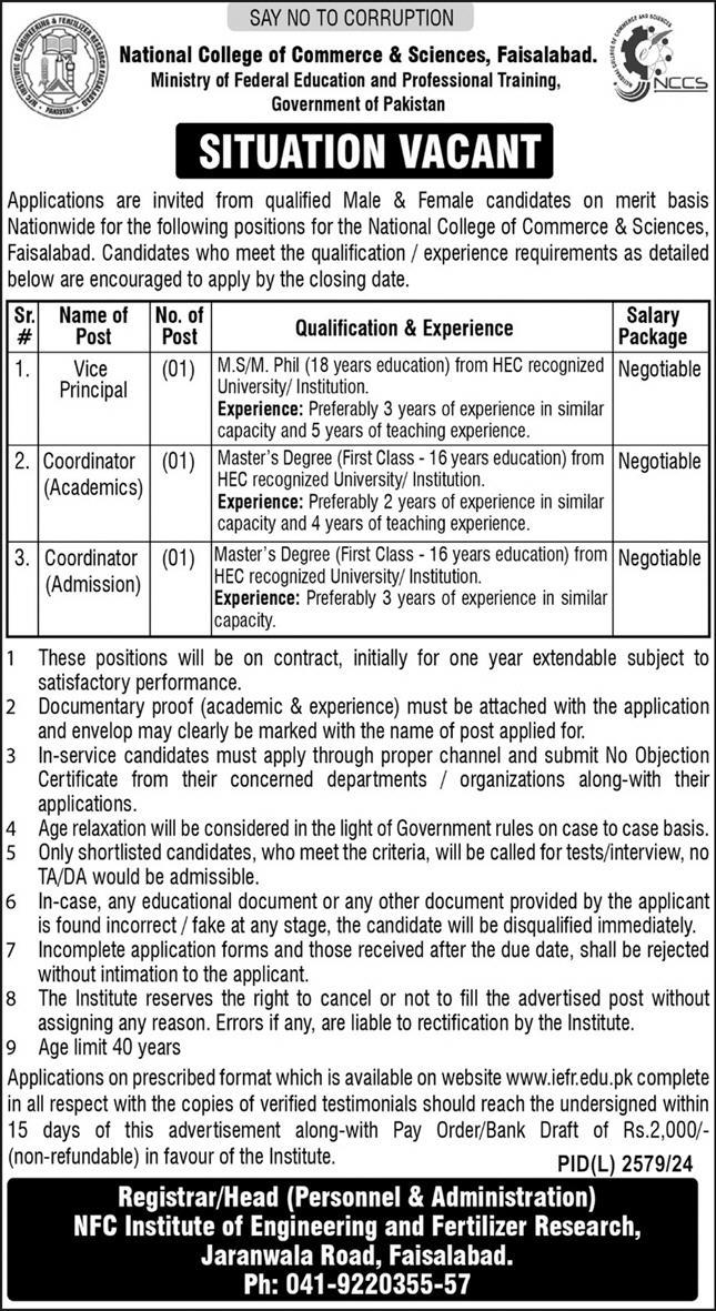 NATIONAL COLLEGE OF COMMERCE & SCIENCE FAISALABAD, VICE PRINCIPAL & COORDINATORS POSITIONS 03-2025
