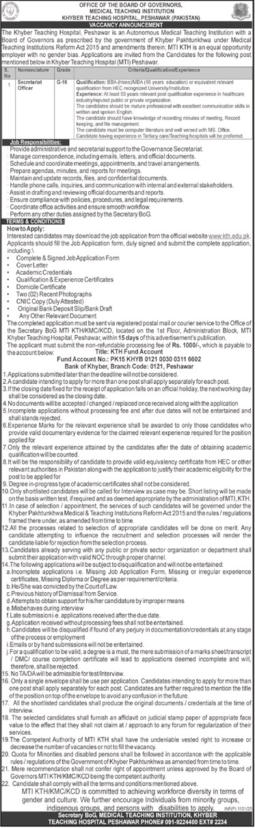 KHYBER TEACHING HOSPITAL, PESHAWAR | SECRETARIAT OFFICER MTI KTH/KMC/KCD PESHAWAR POSITION 03-2025