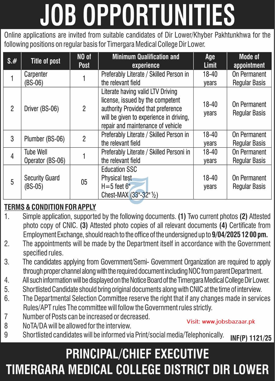 TIMERGARA MEDICAL COLLEGE DIR LOWER STAFF VACANCIES 03-2025