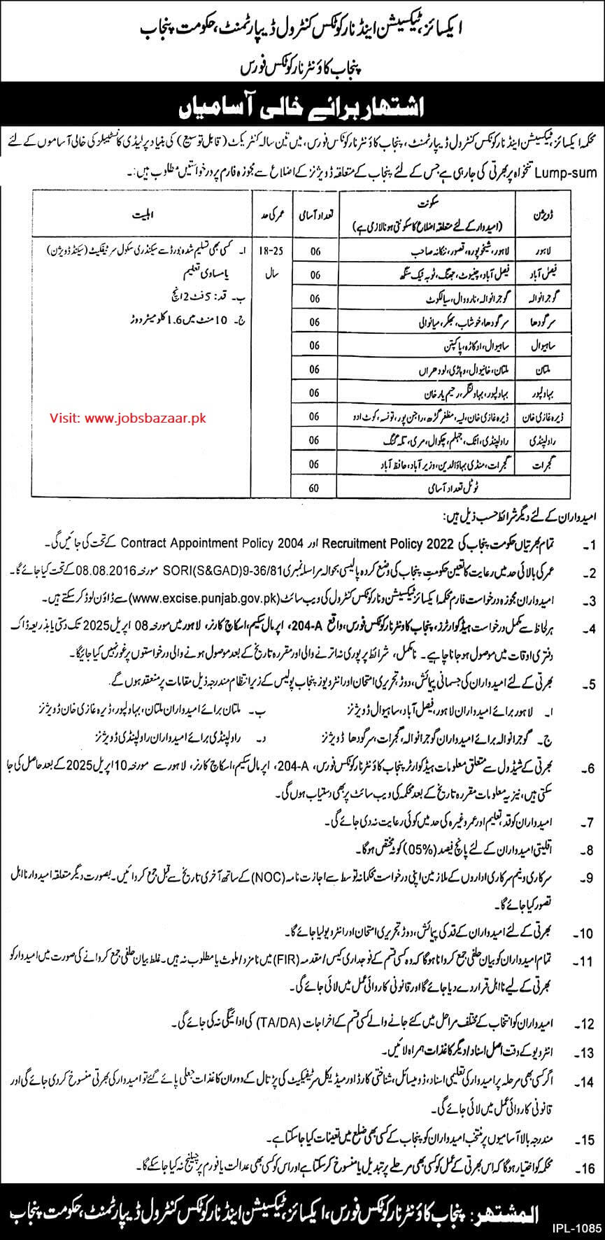 EXCISE, TAXATION & NARCOTICS CONTROL DEPARTMENT, PUNJAB | RECRUITMENT OF LADY CONSTABLES PUNJAB COUNTER NARCOTICS FORCE 03-2025
