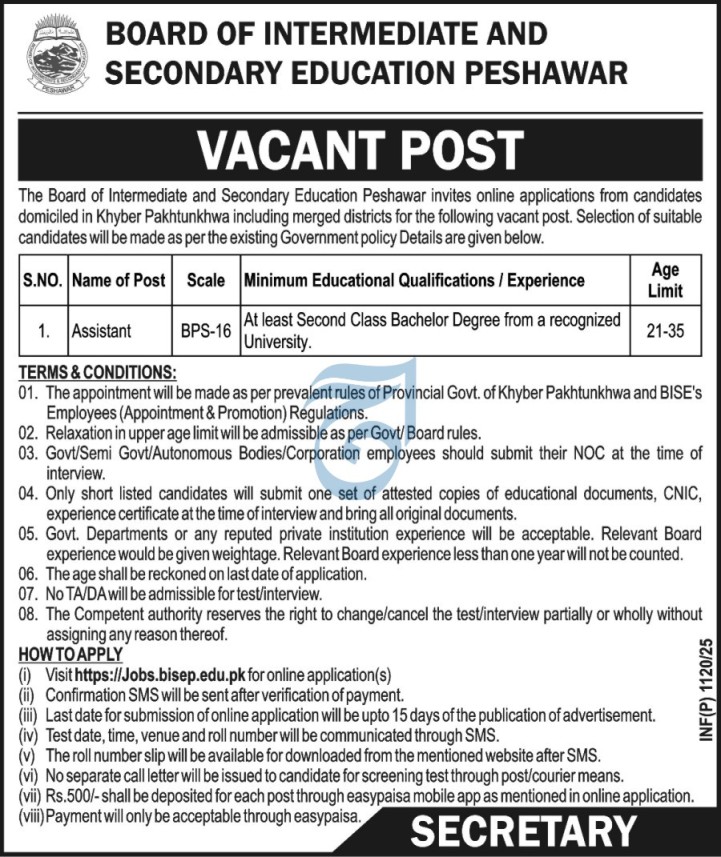 BOARD OF INTERMEDIATE & SECONDARY EDUCATION, PESHAWAR | BISE PESHAWAR ASSISTANT VACANCIES 03-2025