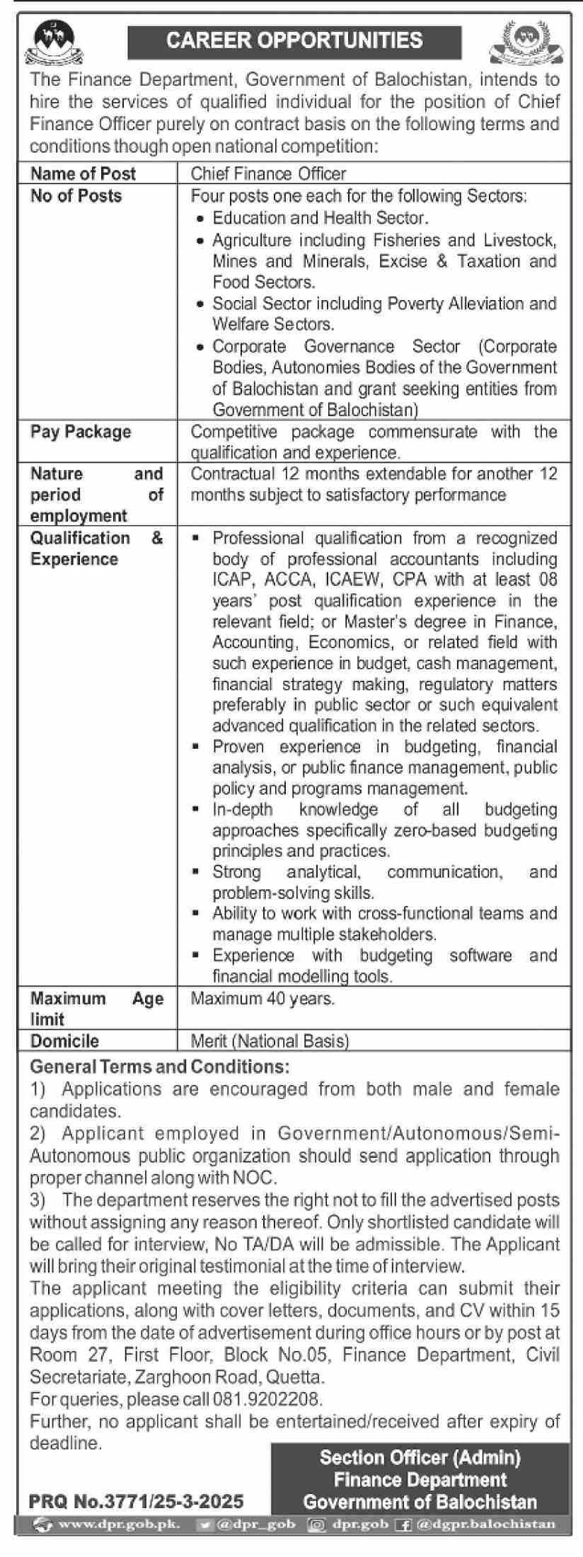 FINANCE DEPARTMENT BALOCHISTAN, CHIEF FINANCE OFFICER POSITION 03-2025