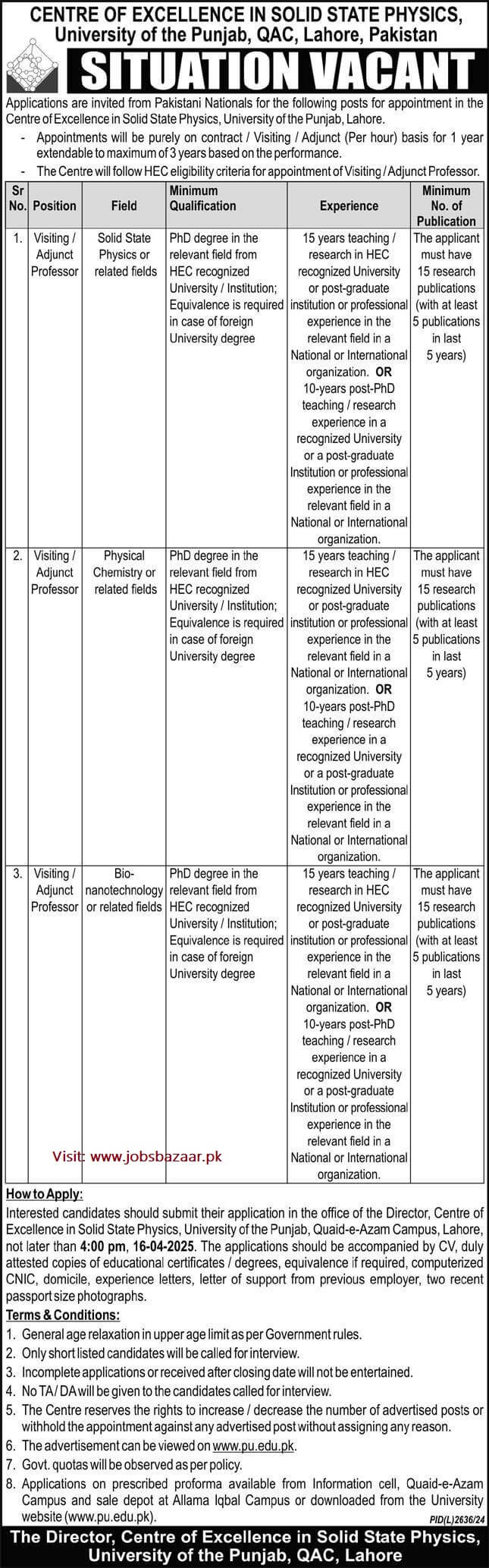 CENTER OF EXCELLENCE IN SOLID STATE PHYSICS, UNIVERSITY OF PUNJAB | VISITING/ADJUNCT PROFESSORS PUNJAB UNIVERSITY POSITIONS 03-2025