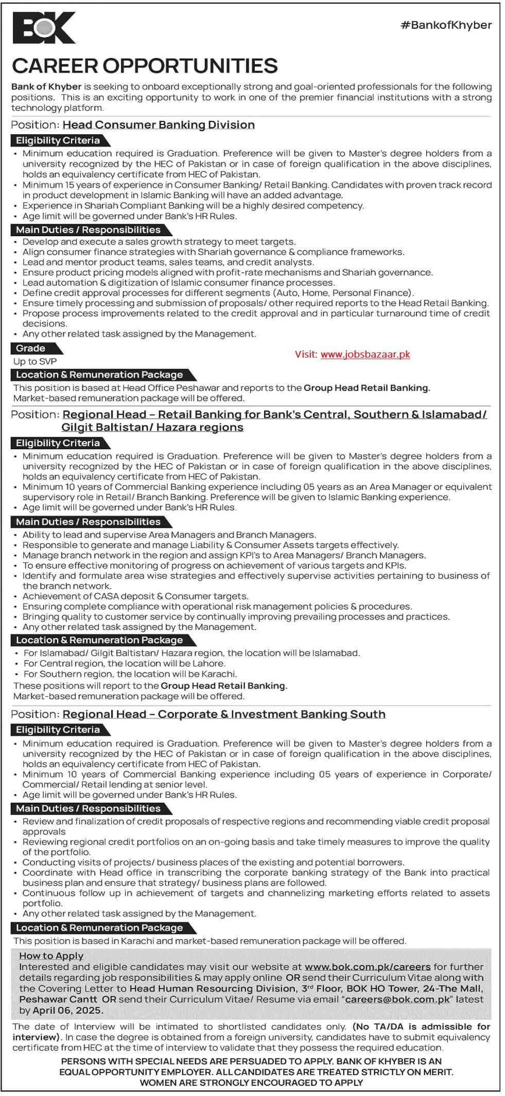 THE BANK OF KHYBER, HEAD CONSUMER BANKING & REGIONAL HEADS BOK POSITIONS VACANT 03-2025