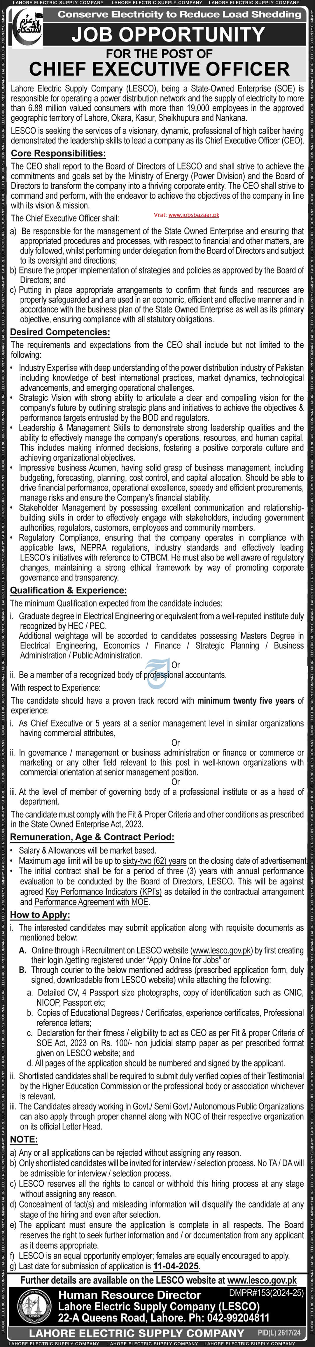 LAHORE ELECTRIC SUPPLY COMPANY | CHIEF EXECUTIVE OFFICER, CEO LESCO POSITION 03-2025