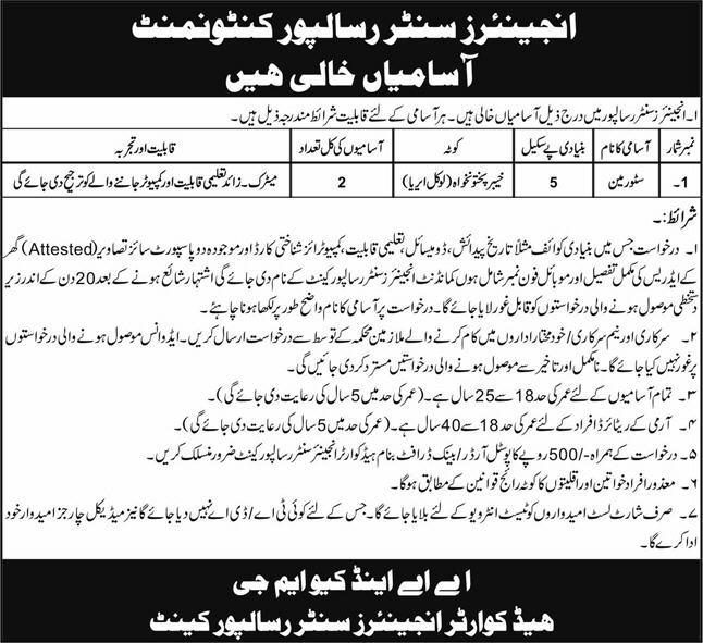 RECRUITMENT OF STOREMEN AT ENGRS CENTER RISALPUR CANTT 03-2025