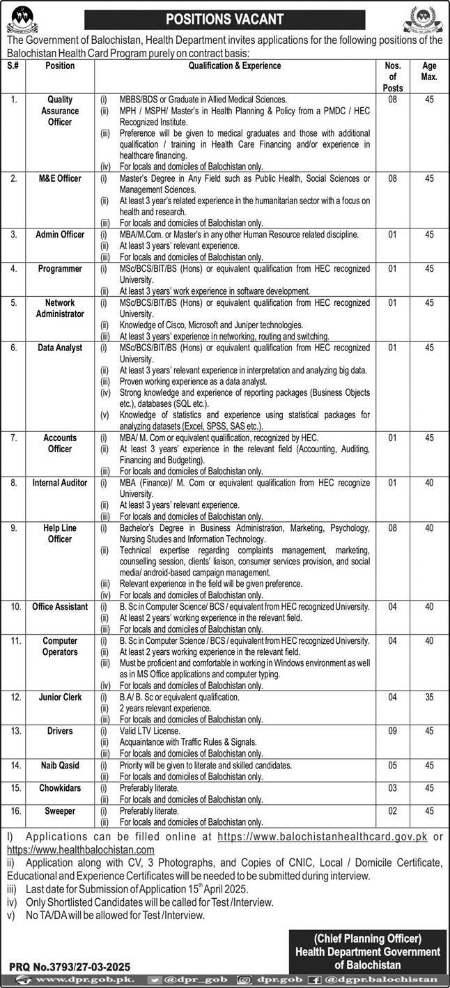 HEALTH DEPARTMENT BALOCHISTAN | BALOCHISTAN HEALTH CARD PROGRAM SAFF VACANCIES 03-2025