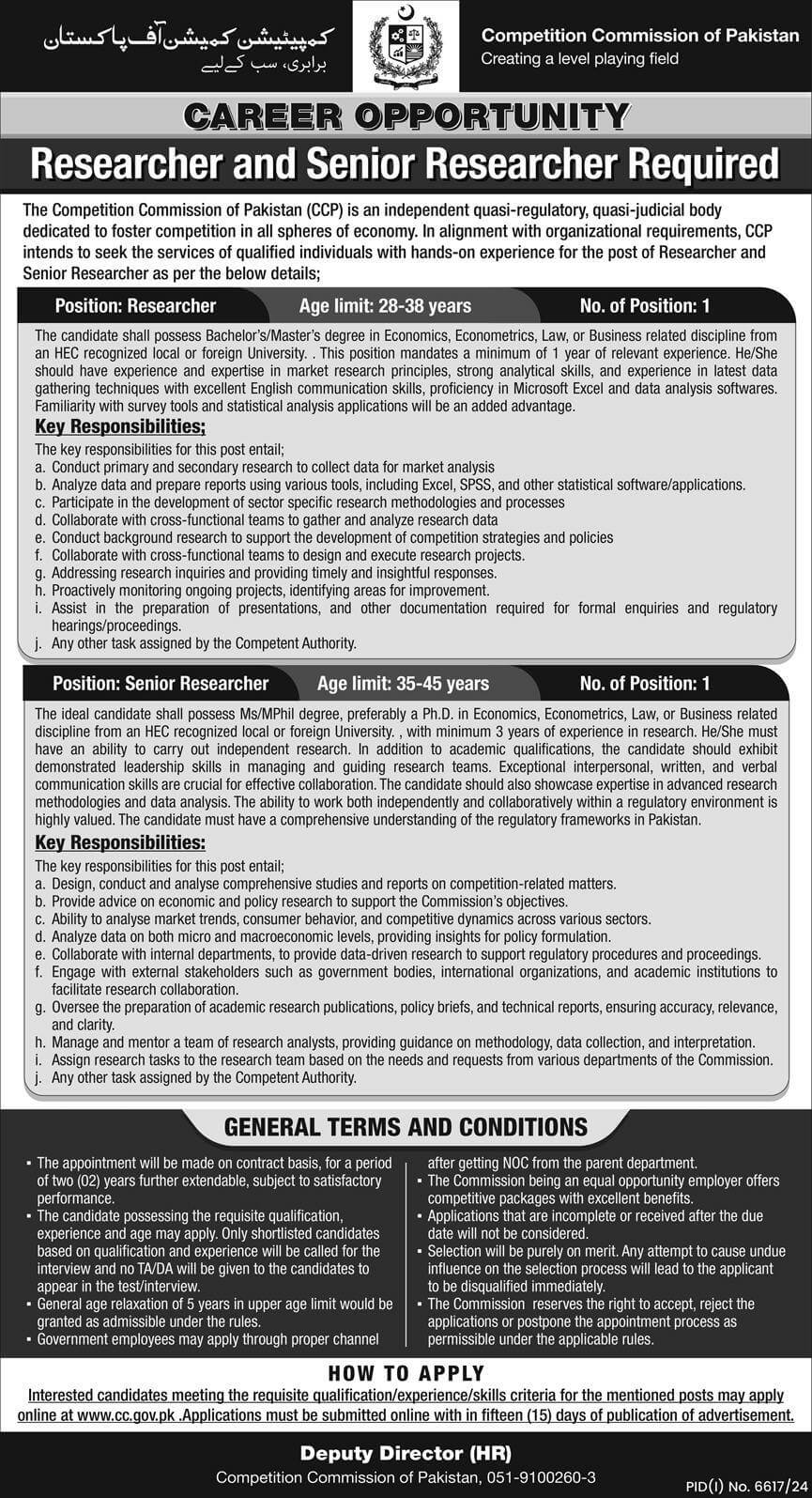COMPETITION COMMISSION OF PAKISTAN, RESEACHER & SENIOR RESEACHER REQUIRED 03-2025