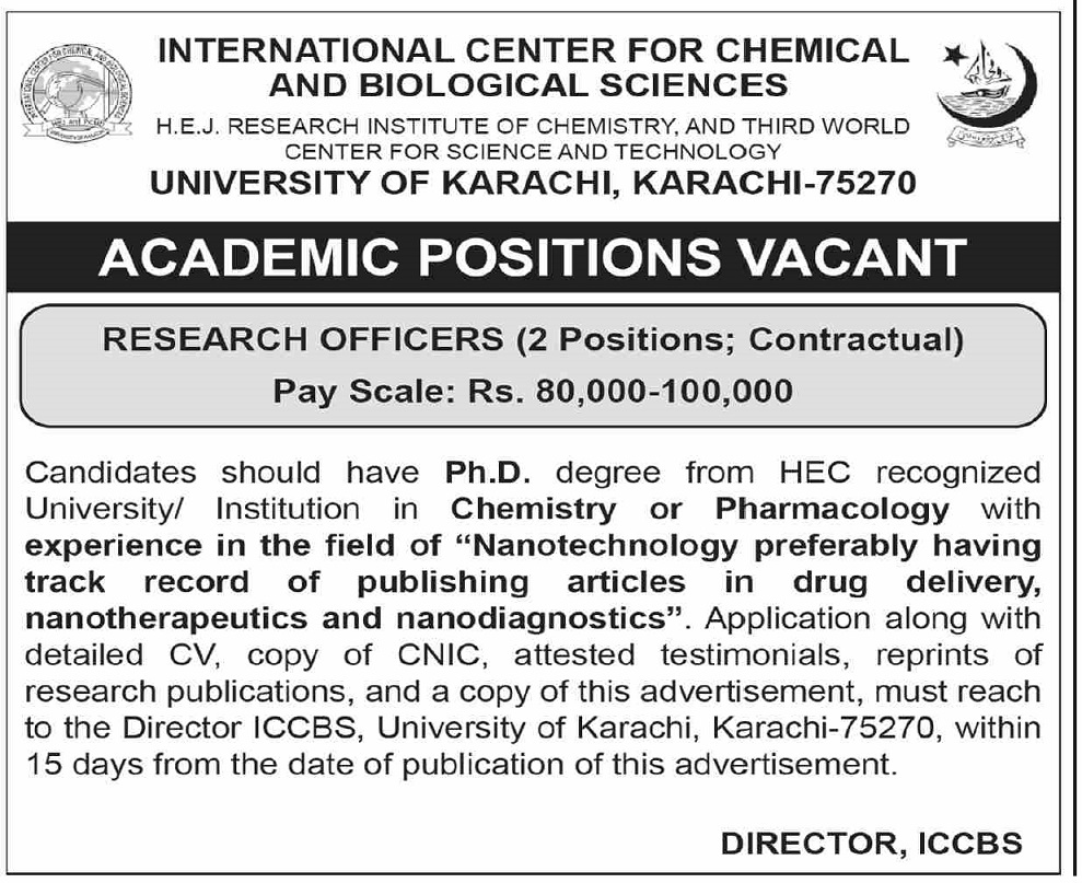 INTERNATIONAL CENTER FOR CHEMICAL & BIOLOGICAL SCIENCES, UNIVERSITY OF KARACHI, ICCBS RESEARCH OFFICERS VACANCIES 03-2025