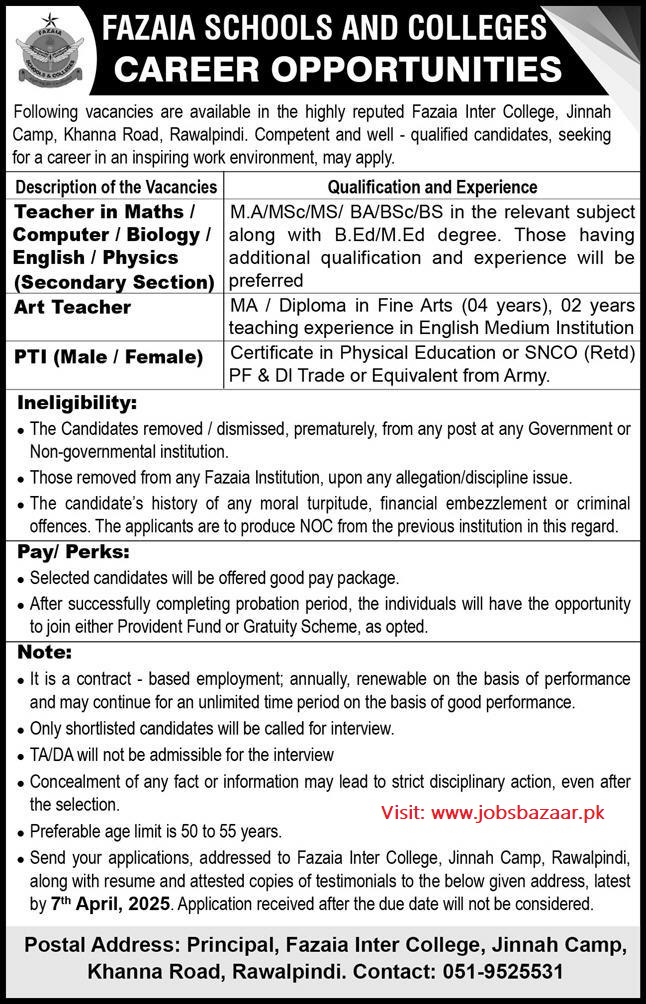 FAZAIA INTER COLLEGE JINNAH CAMP RAWALPINDI, TEACHERS REQUIRED 03-2025