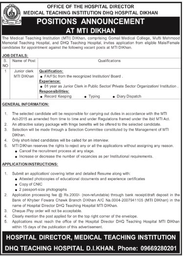 DHQ TEACHING HOSPITAL, JUNIOR CLERK MTI DIKHAN VACANCIES 03-2025