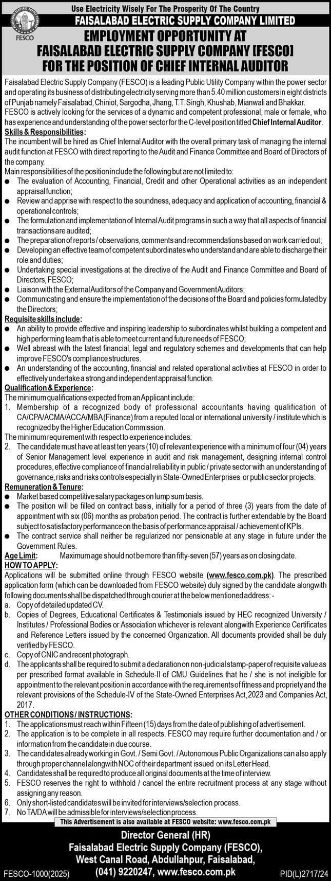 FAISALABAD ELECTRIC SUPPLY COMPANY LIMITED | CHIEF INTERNAL AUDITOR FESCO APPOINTMENT 04-2025