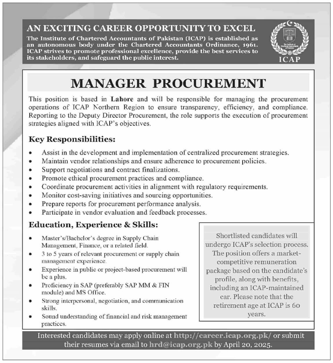 THE INSTITUTE OF CHARTERED ACCOUNTANTS OF PAKISTAN | MANAGER PROCUREMENT ICAP LAHORE POSITION 04-2025