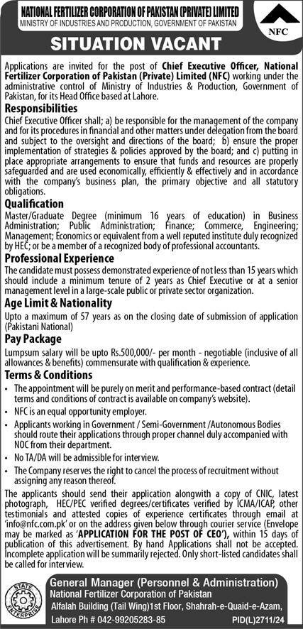 NATIONAL FERTILIZER CORPORATION OF PAKISTAN, CEO NFC APPOINTMENT 04-2025