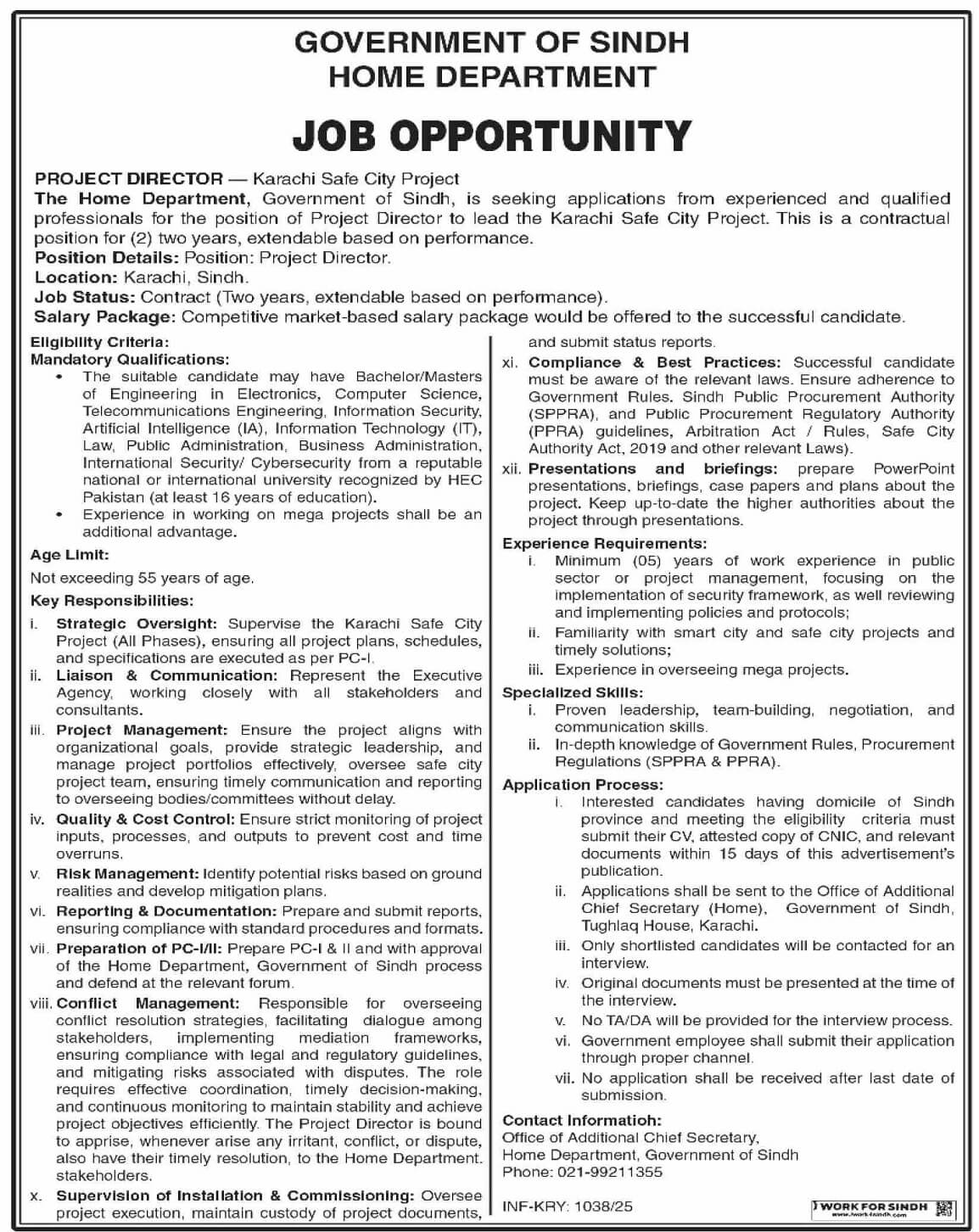 HOME DEPARTMENT SINDH, KARACHI SAFE CITY PROJECT DIRECTOR APPOINTMENT 04-2025