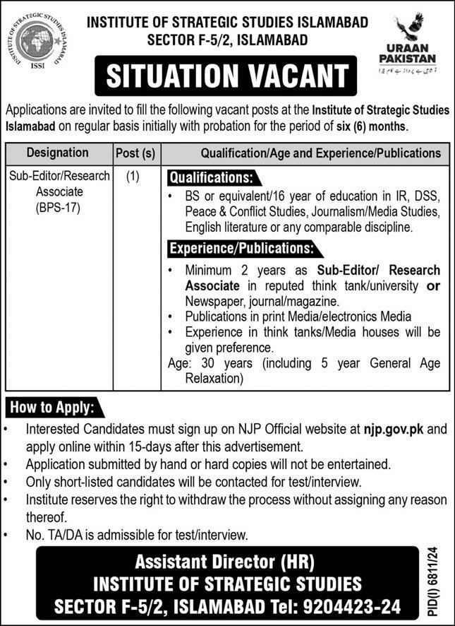INSTITUTE OF STRATEGIC STUDIES, ISSI ISLAMABAD SUB-EDITOR POSITION VACANT 04-2025